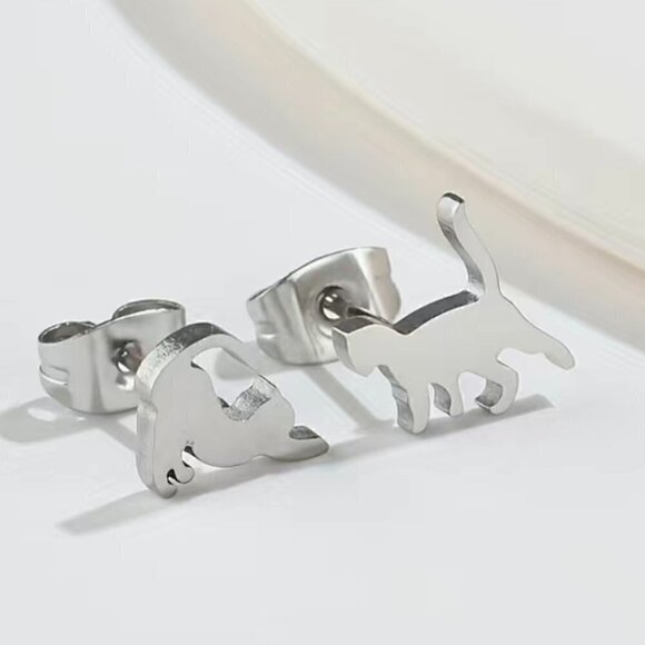Playful Cats Stainless Steel Stud Small Earrings #1409 (Color: silver) - Picture 8 of 10